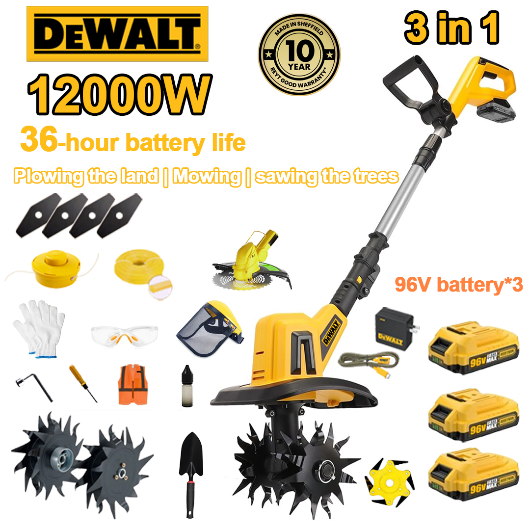 (36 óra akkumulátor-élettartam) 12000W eke+96V lítium akkumulátor*3+gyorstöltő*1+lapát*1+egyenes pengefej*4+fűnyírófej*1+ekepenge*4+ötvözött fűrészlap*1+nyírókötél*1+kaszakötél*1+különböző tartozékok
